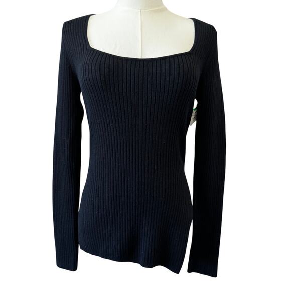 NWT OPEN EDIT NORDSTROM Women's Black Ribbed Long Sleeve Tops Size S - Picture 2 of 6